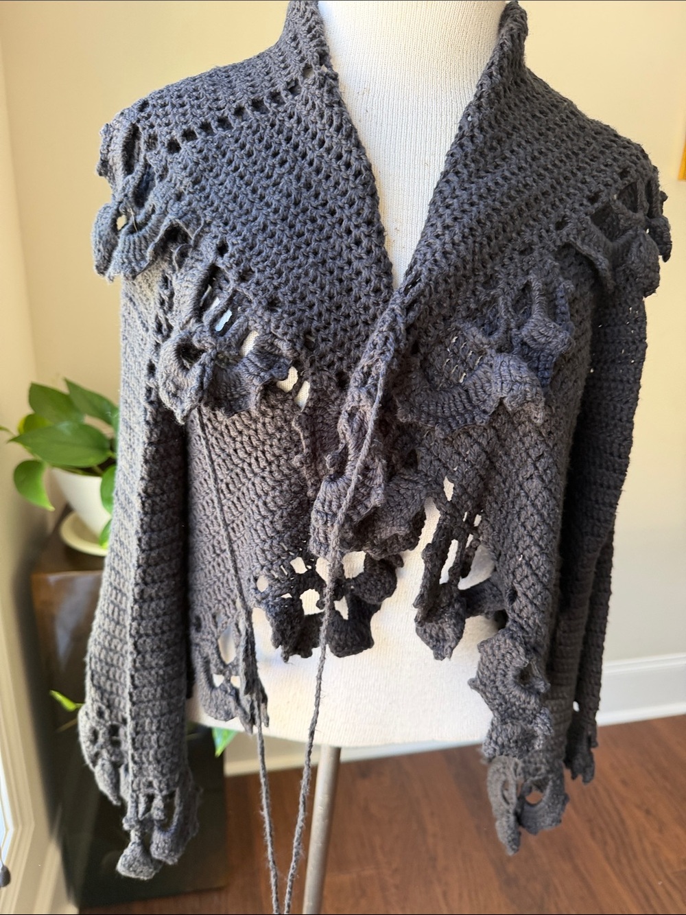 Women's Open-Front Crochet Shawl Cardigan - Charcoal Gray